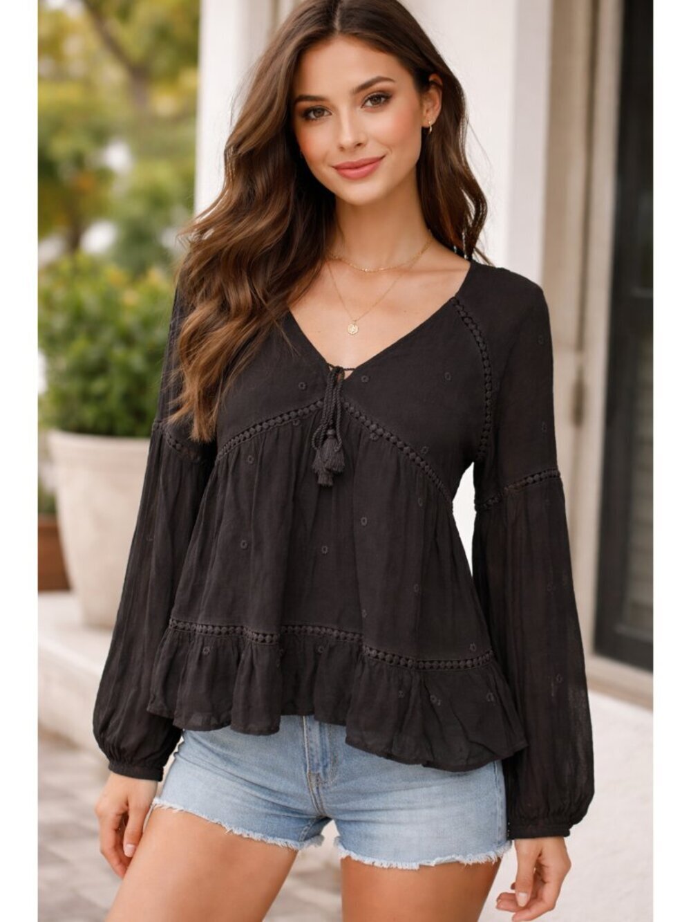 Sezane Black long sleeve baby-doll top 36/S Embroidered tassel tie front Boho